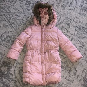 Kids blush pink puffer jacket with soft fur hoodie